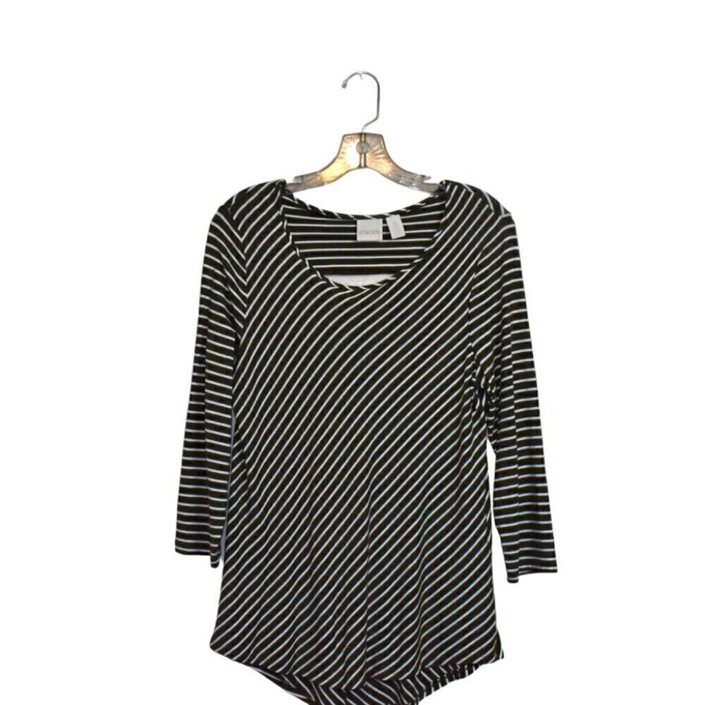 Chico's Scoop Neck 3/4 Sleeve Soft Striped Pullover Cut Out Top Shirt Size 0